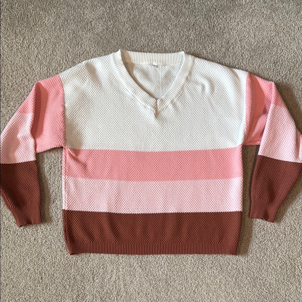 Women's Pink Size Small Striped Color Block Knit Sweater Long Sleeve V-Neck